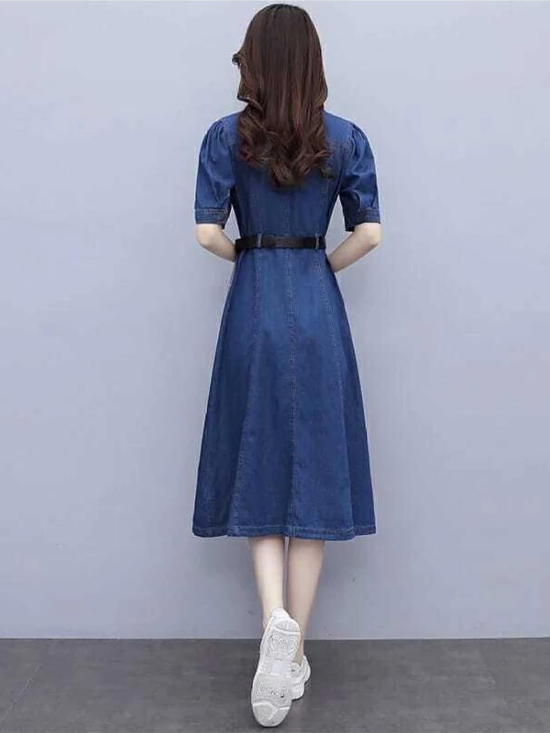 A-Line Denim Dress for Women โ Dark Blue | 100% Cotton | Short Sleeves, Button-Down, Casual Wear