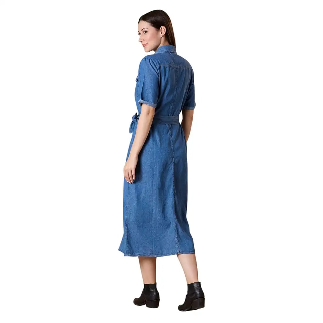 Womenβs Knee-Length Denim Dress β A-Line Fit, Short Sleeves, Button-Down | Casual & Elegant