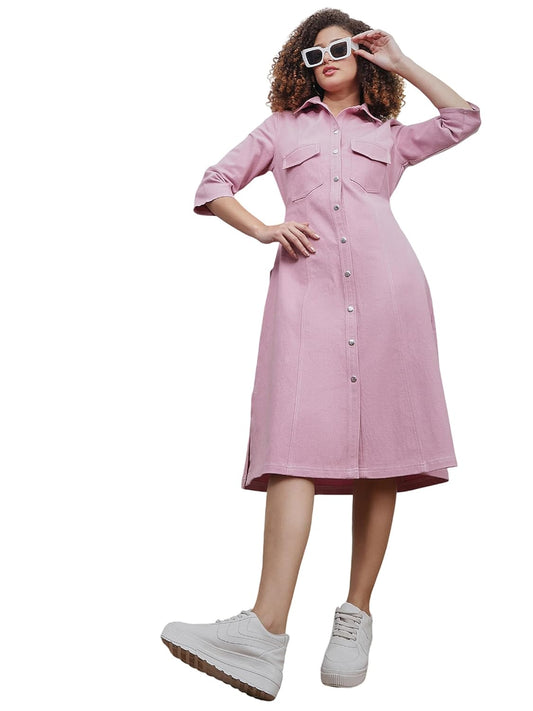 Women's Pink Denim A-Line Dress ā Button Down, Short Sleeves, Mini Length | Casual Western Wear