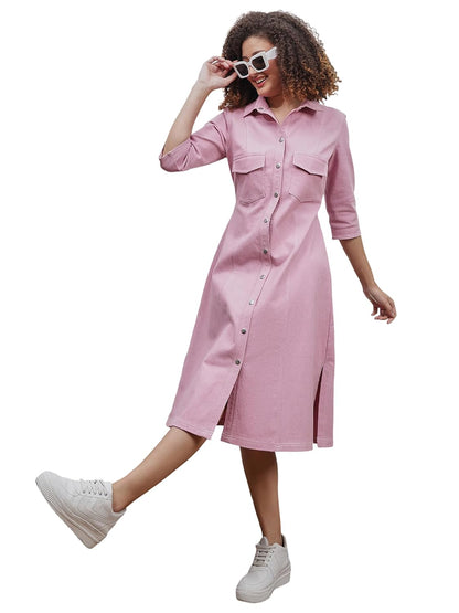 Women's Pink Denim A-Line Dress – Button Down, Short Sleeves, Mini Length | Casual Western Wear