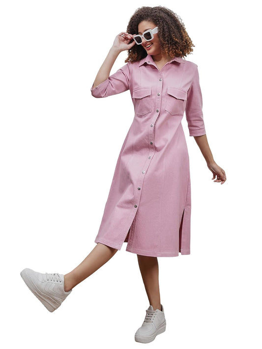 Women's Pink Denim A-Line Dress – Button Down, Short Sleeves, Mini Length | Casual Western Wear