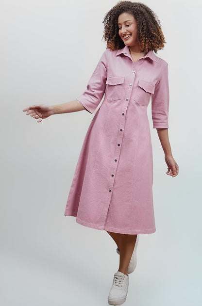 Women's Pink Denim A-Line Dress – Button Down, Short Sleeves, Mini Length | Casual Western Wear
