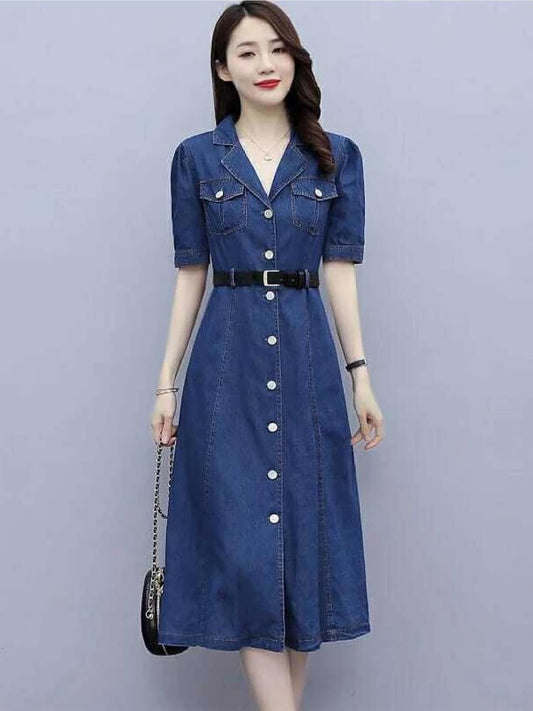 A-Line Denim Dress for Women – Dark Blue | 100% Cotton | Short Sleeves, Button-Down, Casual Wear