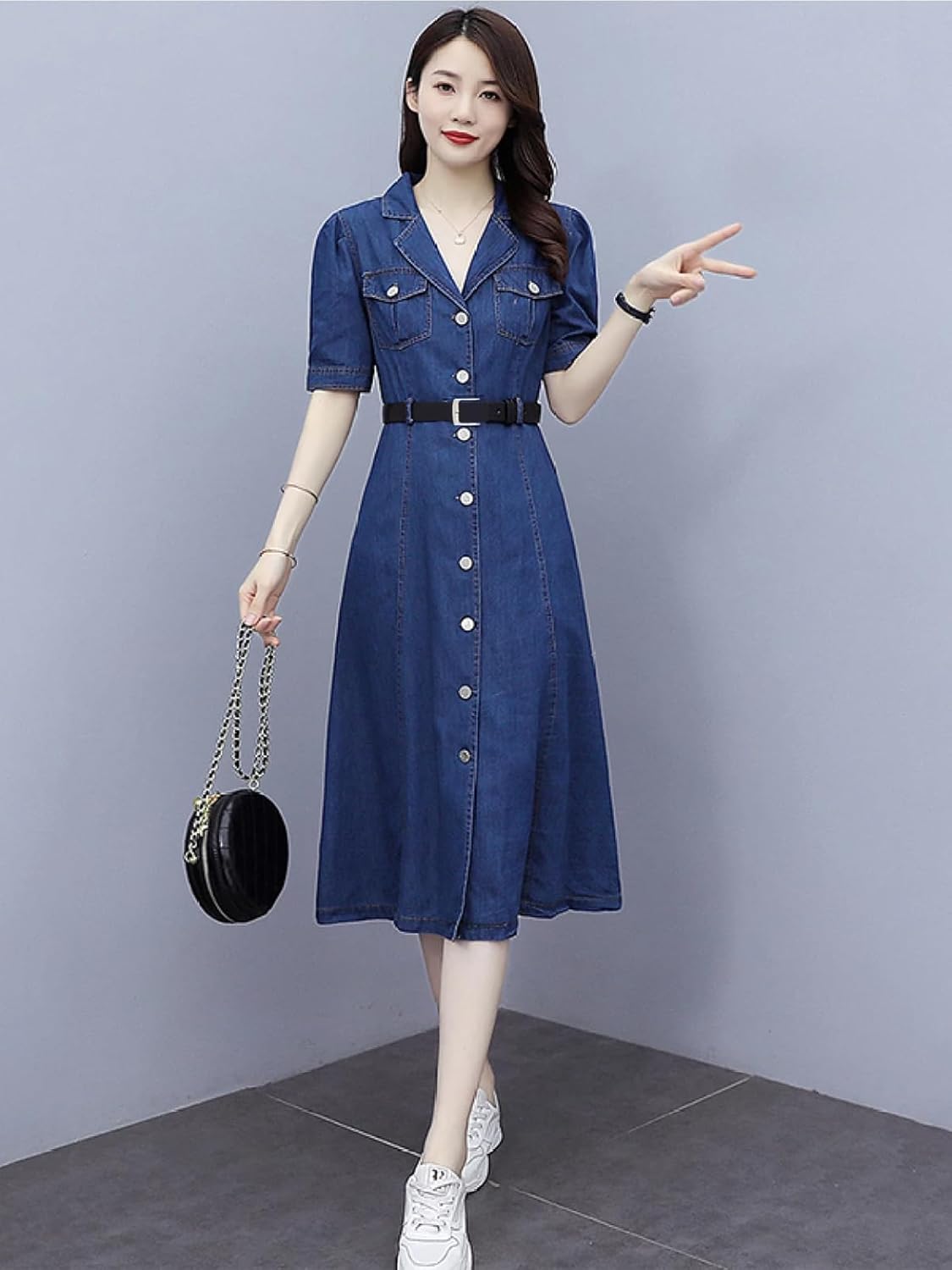A-Line Denim Dress for Women – Dark Blue | 100% Cotton | Short Sleeves, Button-Down, Casual Wear