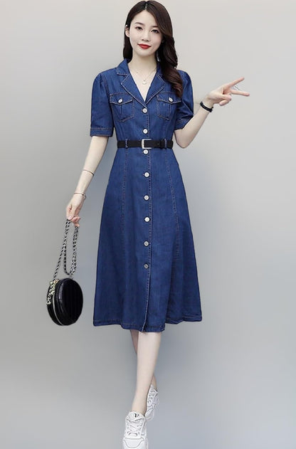 A-Line Denim Dress for Women – Dark Blue | 100% Cotton | Short Sleeves, Button-Down, Casual Wear