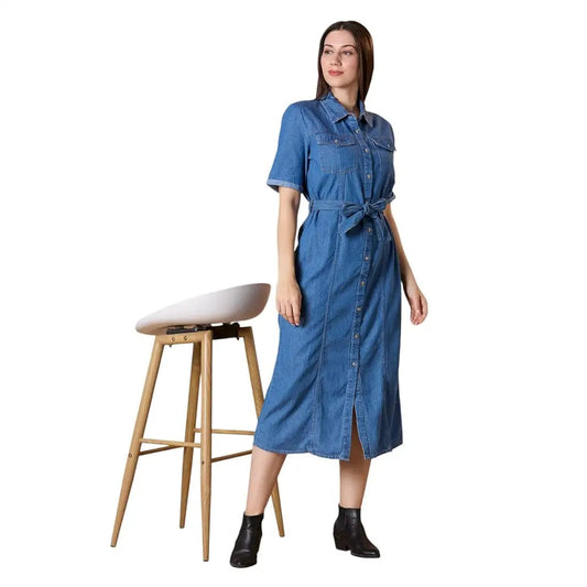Women’s Knee-Length Denim Dress – A-Line Fit, Short Sleeves, Button-Down | Casual & Elegant