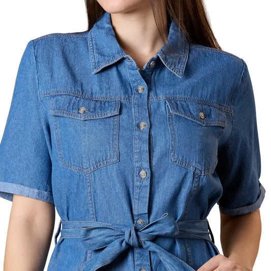 Womenās Knee-Length Denim Dress ā A-Line Fit, Short Sleeves, Button-Down | Casual & Elegant