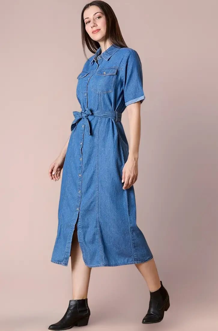 Women’s Knee-Length Denim Dress – A-Line Fit, Short Sleeves, Button-Down | Casual & Elegant