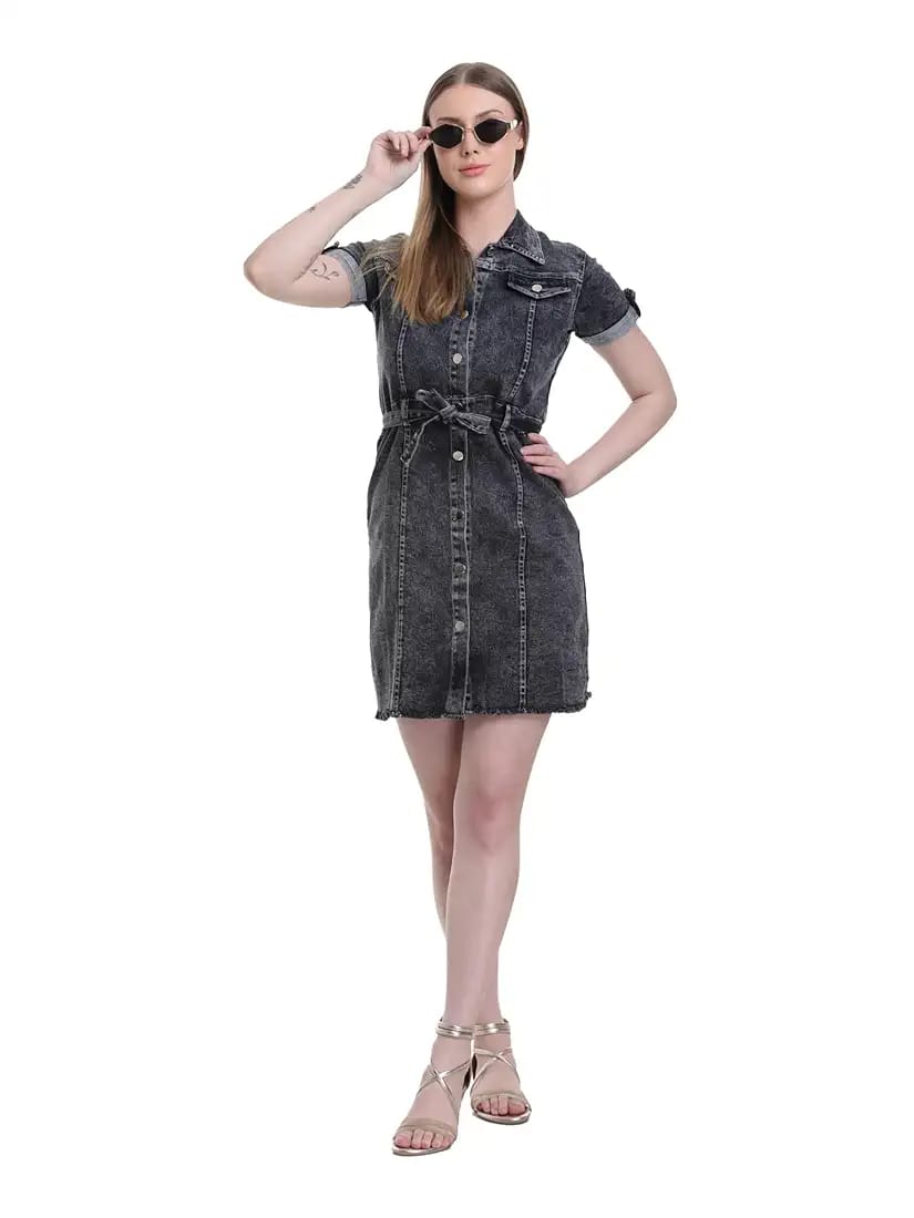 Lalaji Garments Women's Denim A-Line Mini Dress – Button Down, Short Sleeve, Casual Summer Shirt Dress