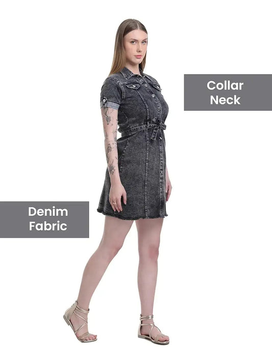 Lalaji Garments Women's Denim A-Line Mini Dress – Button Down, Short Sleeve, Casual Summer Shirt Dress